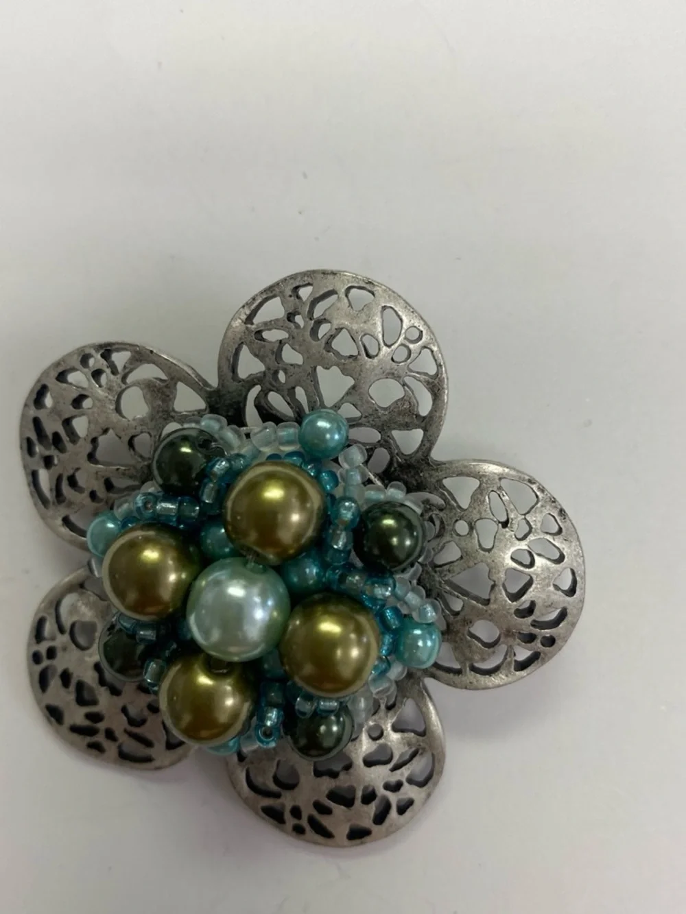 Floral Beaded Silver-Tone Brooch with Teal and Olive beads